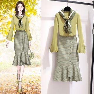 Set: Tie-neck Heart Embroidered Knit Top + Plaid Midi Mermaid Skirt