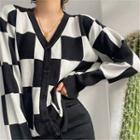 Long Sleeve V-neck Plaid Loose-fit Cardigan Black - One Size