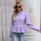 Long Sleeve Mock Neck Ruffle Hem Knit Top
