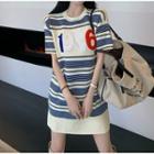 Short-sleeve Striped Mini Knit Dress Blue & White - One Size