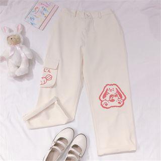 Printed Cropped Straight-fit Pants Beige - One Size