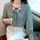 Long-sleeve Tie-neck Checkerboard Blouse