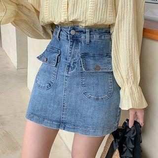 Flap-pocket Denim Mini A-line Skirt