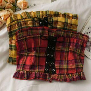 Ruffle-trim Lace-up Plaid Tube Top
