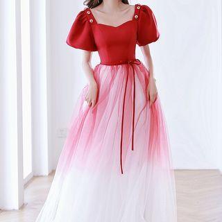 Puff-sleeve Ombre Midi A-line Dress