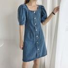 Denim Puff-sleeve Button Mini A-line Dress Blue - One Size