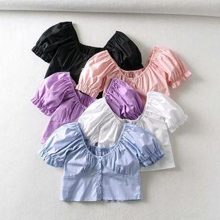 Puff-sleeve U-neck Cropped Button Top