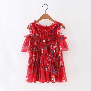 Floral Print Cut Out Shoulder Short Sleeve Top