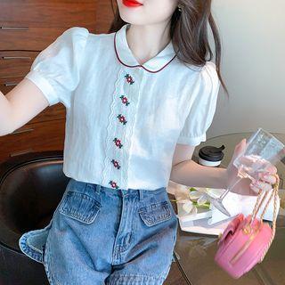 Short-sleeve Collar Floral Embroidered Blouse