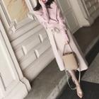 Set: Plain One-shoulder Long-sleeve Knit Top + Tie-waist Irregular Hem A-line Skirt