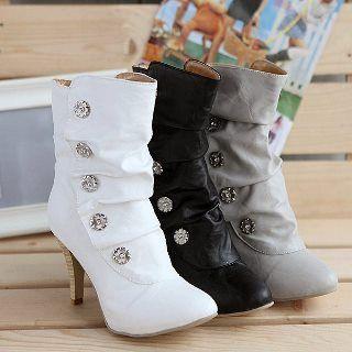 High Heel Shirred Buttoned Short Boots