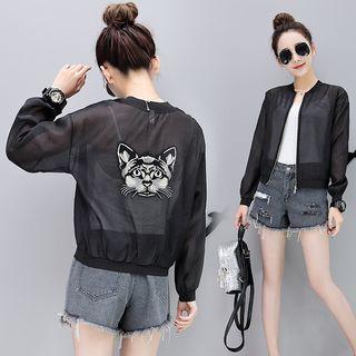 Sheer Zip Embroidered Baseball Jacket