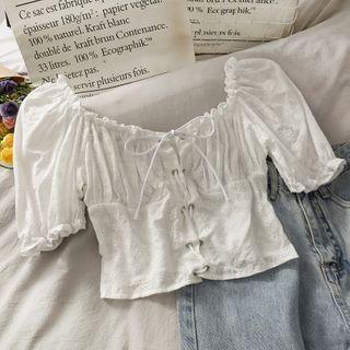 Eyelet Wide-neck Lace-up Crop Top White - One Size
