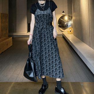 Chain Strap Floral Print Midi A-line Pinafore Dress