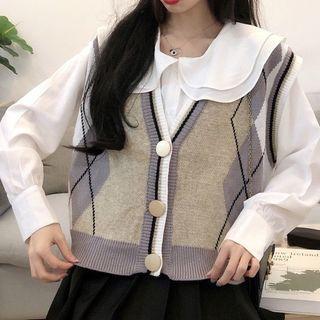 Collared Blouse / Argyle Single-breasted Vest