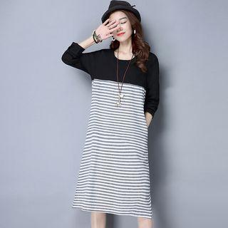 Long-sleeve Color Block A-line Midi Dress