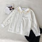 Fruit Embroidered Peter-pan Collar Long-sleeve Blouse White - One Size