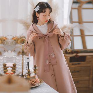Puff-sleeve Tie-neck Hooded Long Jacket