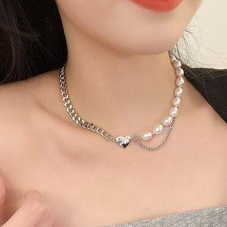 Pearl Panel Chain Heart Choker Necklace Silver - One Size