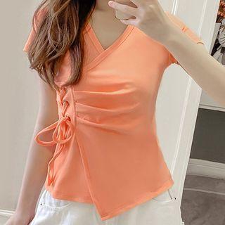 Short-sleeve Lace-up Wrap T-shirt