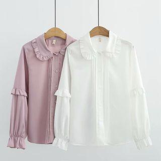 Long-sleeve Ruffle Trim Pintuck Blouse