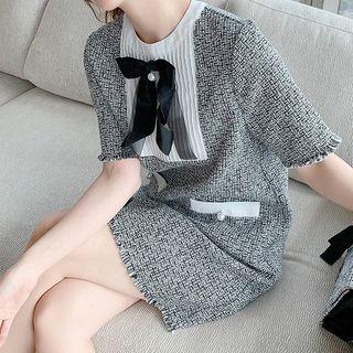Tweed Panel Bow Mini A-line Dress