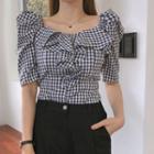 Two-way Ruffled Gingham Blouse Check - Black - One Size