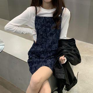Long-sleeve T-shirt / Floral Print Denim Pinafore Dress