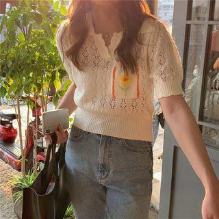Short-sleeve Floral Embroidered Knit Top White - One Size