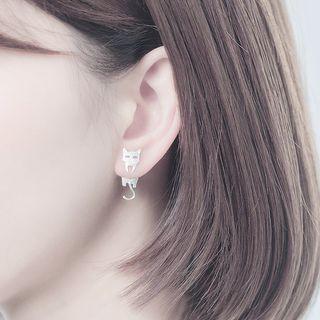 925 Sterling Silver Non-matching Cat & Fish Earring 1 Pair - Silver - One Size
