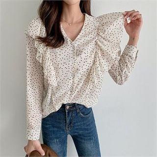 V-neck Ruffle-trim Patterned Blouse