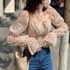Puff-sleeve Floral Cropped Blouse Floral - Tangerine - One Size