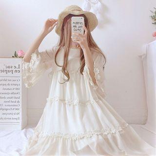 Set: Lace Trim Elbow-sleeve A-line Dress + Slipdress