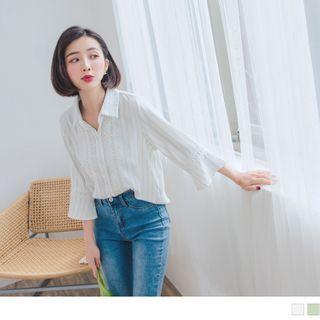 Crochet Applique Ruffle Sleeve Striped Blouse