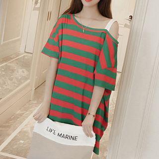 Stripe Open Shoulder Short-sleeve Dress