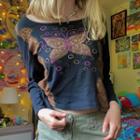 Long-sleeve Butterfly Rhinestone T-shirt