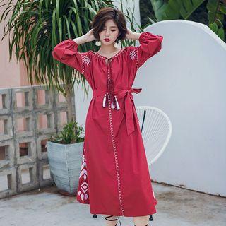 3/4-sleeve Embroidered Midi Dress With Sash