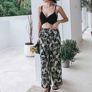 Set: High Waist Bikini + Leaf Print Wide-leg Pants