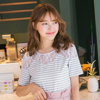Short-sleeve Lace Panel Striped Top