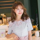 Short-sleeve Lace Panel Striped Top