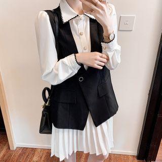Long-sleeve Mini Shirtdress / Button-up Vest