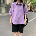 Plain Elbow-sleeve Shirt Purple - One Size