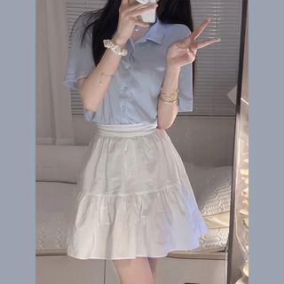 Set: Short Sleeve Plain Button-up Shirt + High Waist Tiered Mini A-line Skirt