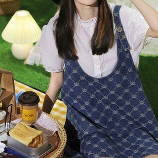 Short-sleeve Blouse / Patterned Denim Mini A-line Overall Dress / Set