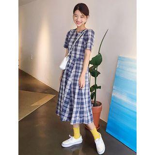Short-sleeve Plaid Long Shirtdress