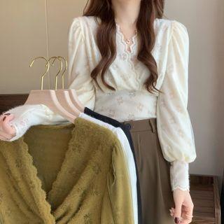 Puff-sleeve V-neck Mesh Panel Blouse
