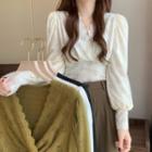 Puff-sleeve V-neck Mesh Panel Blouse