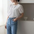 Pintuck Lace-trim Shirred Blouse