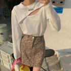 Long-sleeve Cutout T-shirt / Leopard Print Mini A-line Skirt