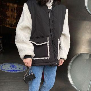 Faux Shearling Panel Zip Jacket Black - M